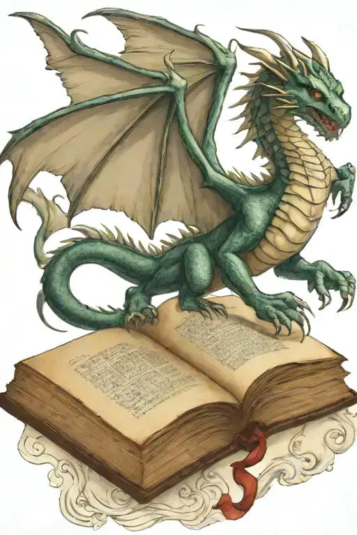 medieval dragon flying over a book tattoo design idea