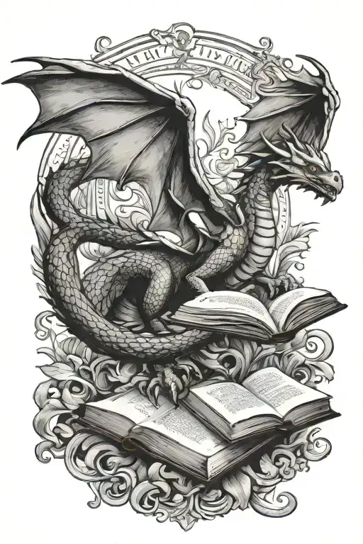 dragon flying over a book open tattoo design idea