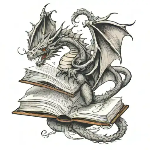 dragon leaving a book tattoo design idea