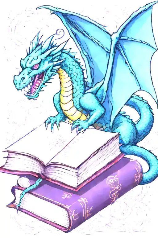  dragon flying over a book style illustration tattoo design idea
