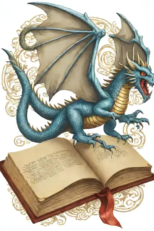 medieval dragon flying over a book tattoo design idea