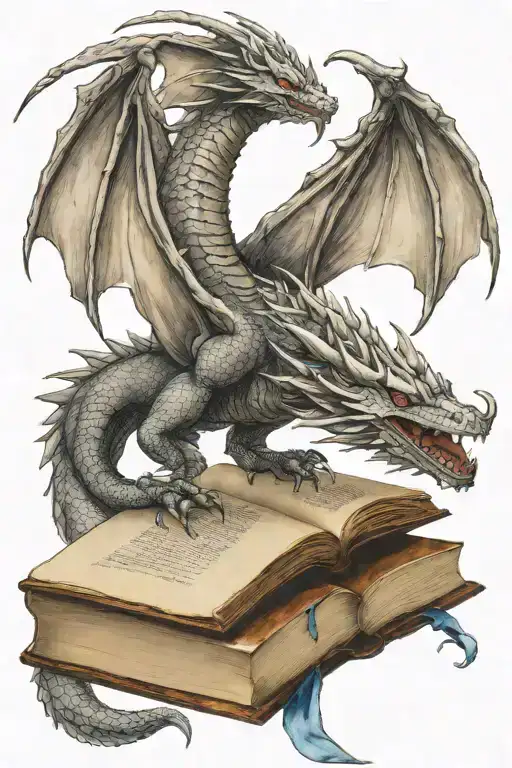 medieval dragon flying over a book tattoo design idea