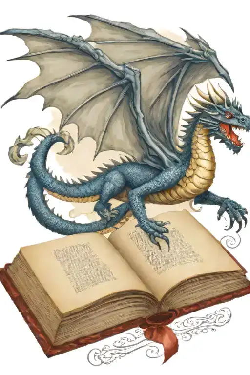 medieval dragon flying over a book tattoo design idea