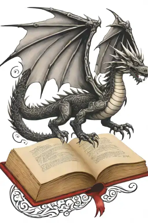 medieval dragon flying over a book tattoo design idea