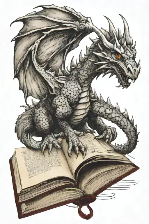 medieval dragon flying over a book tattoo design idea