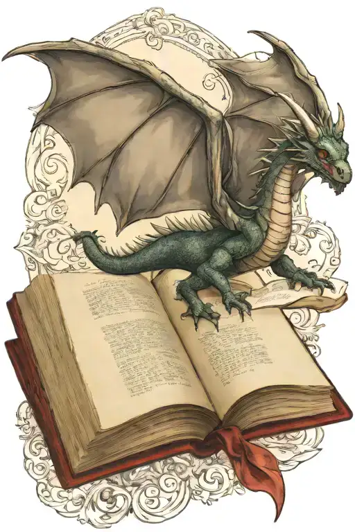 medieval dragon flying over a book tattoo design idea