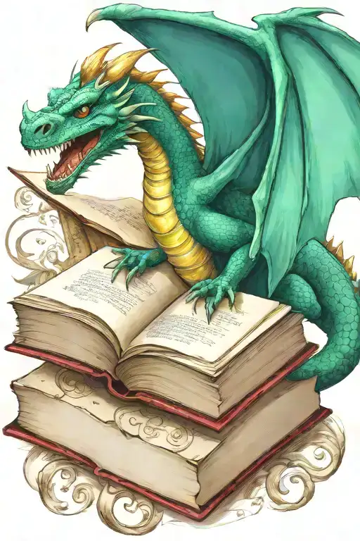  dragon flying over a book style illustration tattoo design idea