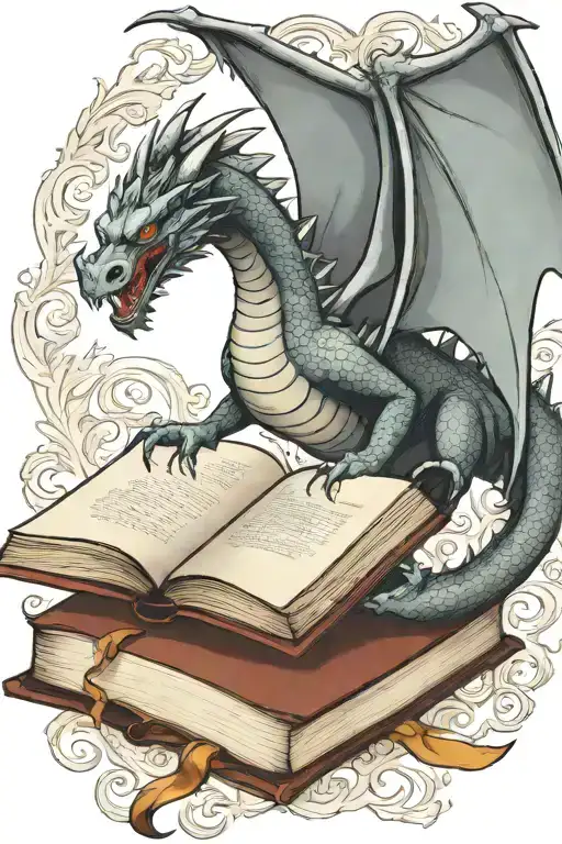  dragon flying over a book style illustration tattoo design idea