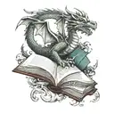 dragon leaving a book tattoo design idea