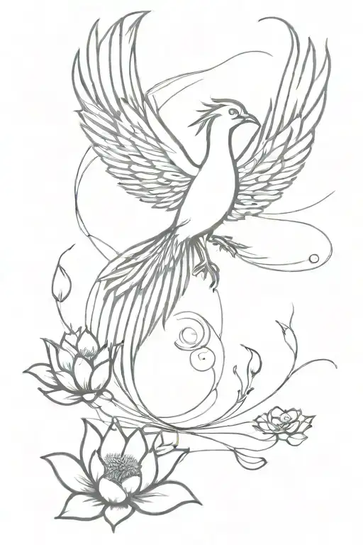 Phoenix bird flapping its wings, vertical orientation with tail extended and a few lotus flowers around tattoo design idea