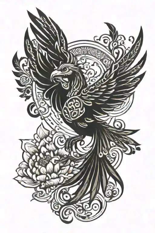Phoenix bird taking flight by flapping its wings, vertical orientation with tail extended and a few lotus flowers around tattoo design idea