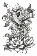 Phoenix bird flapping its wings, vertical orientation with tail extended and a few lotus flowers around tattoo design idea