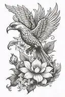 Phoenix bird flapping its wings, vertical orientation with tail extended and a few lotus flowers around tattoo design idea