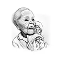 Elderly caregiver surrounded by children's drawings tattoo design idea