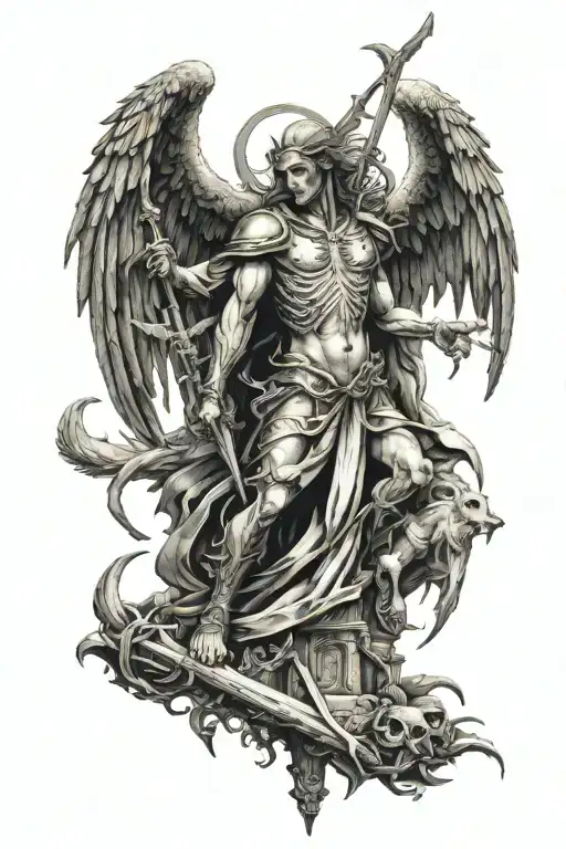 Back tattoo, angel of death at the top in the middle, four horsemen of the apocolypse below him, staggered tattoo design idea