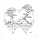 2 hearts and wave and pine tree  tattoo design idea