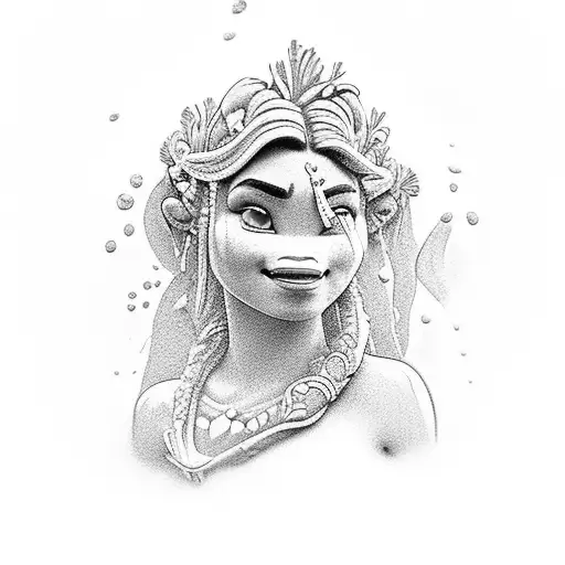 Bust of a beautiful water woman, with gills and gills and features similar to Moana. tattoo design idea