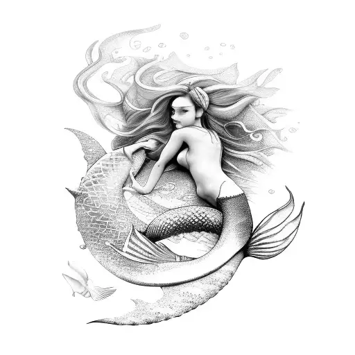Beautiful mermaid, with gills and gills and features similar to hawaian girls tattoo design idea