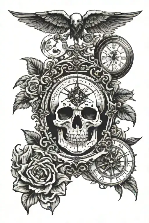 Memento Mori with compass and clock tattoo design idea