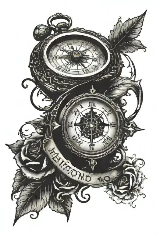 Memento Mori text with compass and clock with the hour 12:29 tattoo design idea