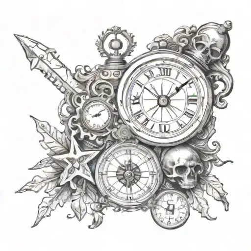 Memento mori with compass and clock tattoo design idea