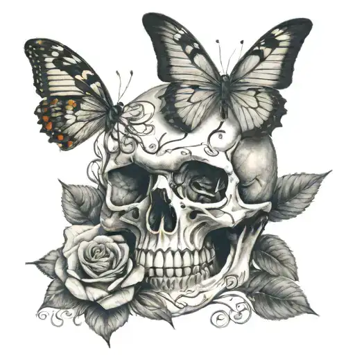 skull with dagger going through the middle a butterfly coming out of the right eye socket and a rose underneath   tattoo design idea
