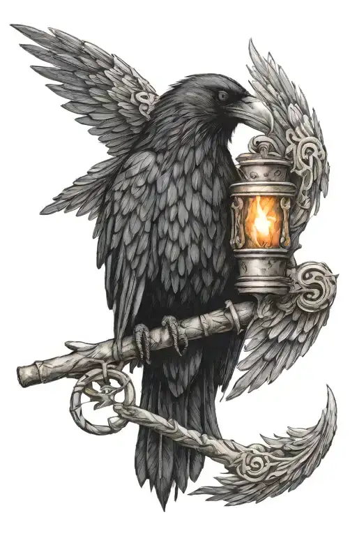 Black raven carrying 2 medieval torches with 3 rings around the torches   tattoo design idea