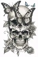 skull with dagger going through the middle a butterfly coming out of the right eye socket and a rose underneath   tattoo design idea