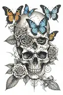 skull with dagger going through the middle a butterfly coming out of the right eye socket and a rose underneath   tattoo design idea