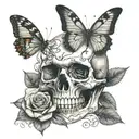 skull with dagger going through the middle a butterfly coming out of the right eye socket and a rose underneath   tattoo design idea