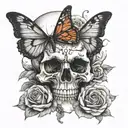 skull with dagger going through the middle a butterfly coming out of the right eye socket and a rose underneath   tattoo design idea