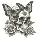 skull with dagger going through the middle a butterfly coming out of the right eye socket and a rose underneath   tattoo design idea