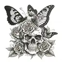 skull with dagger going through the middle a butterfly coming out of the right eye socket and a rose underneath   tattoo design idea