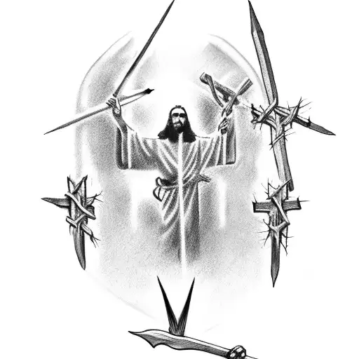 jesus hanged on cross wearing crown of thorns and impaled by a spear in his side tattoo design idea