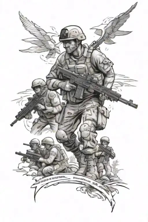 A powerful image of a soldier in combat gear, surrounded by silhouettes of your three sons, representing your dedication to your family and service in the Army tattoo design idea