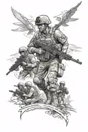 A powerful image of a soldier in combat gear, surrounded by silhouettes of your three sons, representing your dedication to your family and service in the Army tattoo design idea