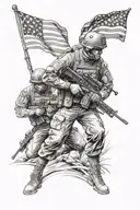 A powerful image of a soldier in combat gear, surrounded by silhouettes of your three sons, representing your dedication to your family and service in the Army tattoo design idea
