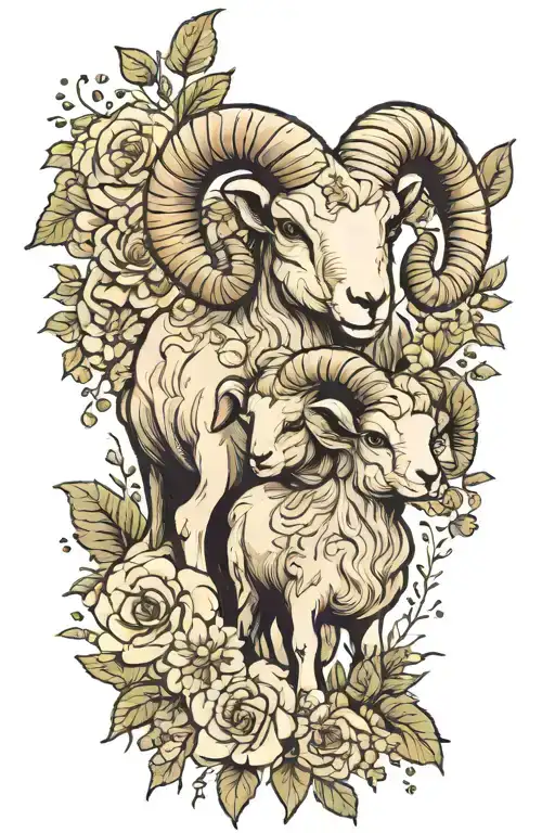 baby ram and mama ram on hill with flowers cute aries  tattoo design idea