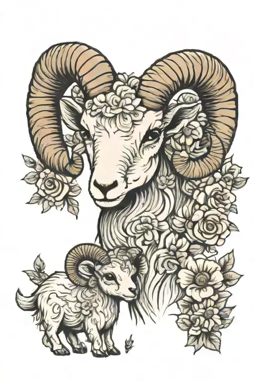1 baby ram with mama ram on hill background with flowers cute aries adorable  tattoo design idea