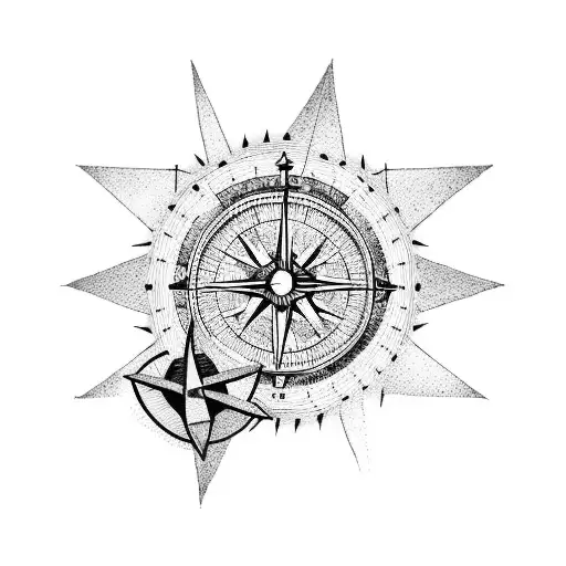 A dotwork tattoo of a stack of books with a compass rose on top, representing a love for reading and travel tattoo design idea