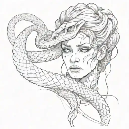 a snake wraps around the girl's neck and crawls out of her skull from her eye socket tattoo design idea