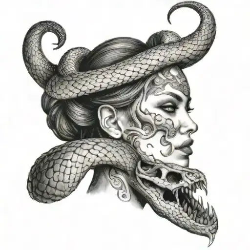 a snake wraps around the girl's neck and crawls out of her skull from her eye socket tattoo design idea