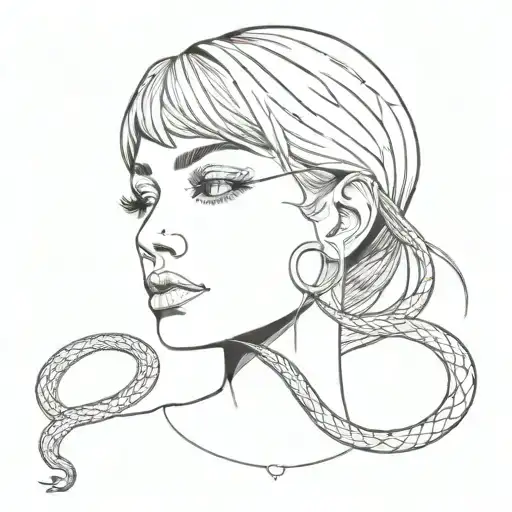 the girl's head looks out from the eye socket with a snake tattoo design idea