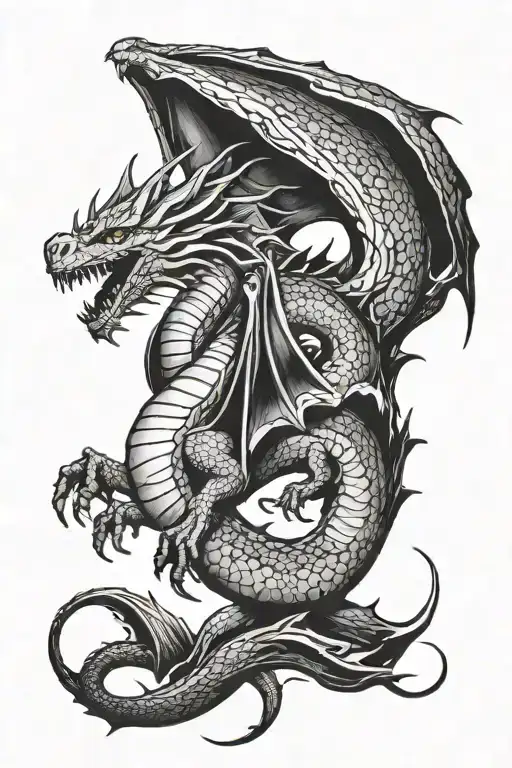Create a dragon tattoo from the dragon BALERION from House of Dragons by George RR Martins, in greyscale for the leg tattoo design idea