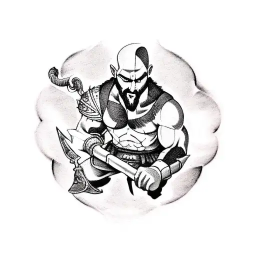 a tatto of the following characters in collage: Kratos from God of War, mew two Pokemon, Sasuke from Naruto, Vegueta tattoo design idea