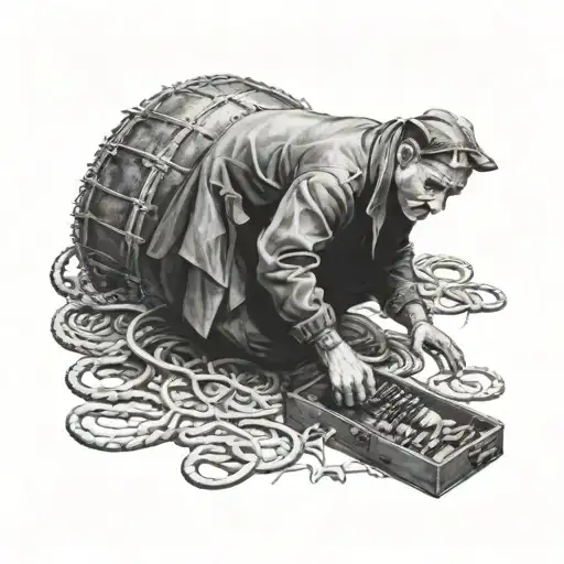 A male figure in a costume caught in a rat trap, depicted in black and white, with a photorealistic style tattoo design idea