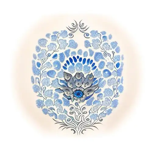 An intricate blue flower bouquet with hidden dog paw prints, symbolizing the bond between your family and pets tattoo design idea