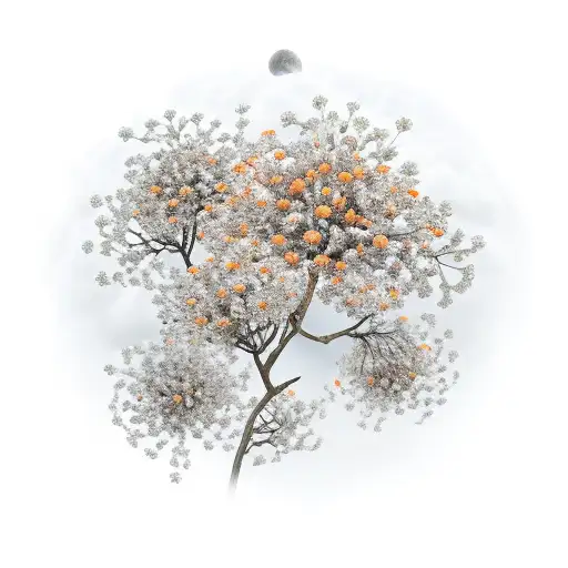 A realistic orange blossom tree with delicate cotton flowers floating in the air, representing the beauty of nature and your passion for marketing tattoo design idea