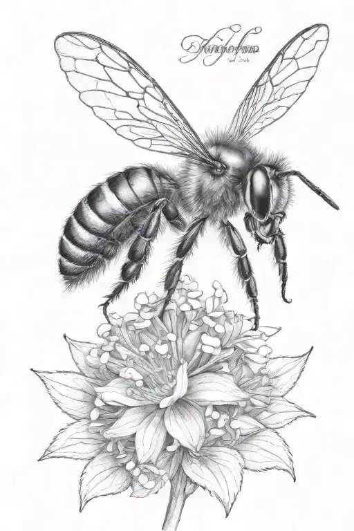 A black and grey realistic depiction of a honey bee pollinating a hydrangea  tattoo design idea