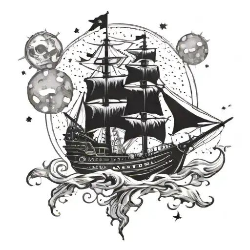 Pirates Ship Struggling in Milky way Working class kid holding tattoo design idea